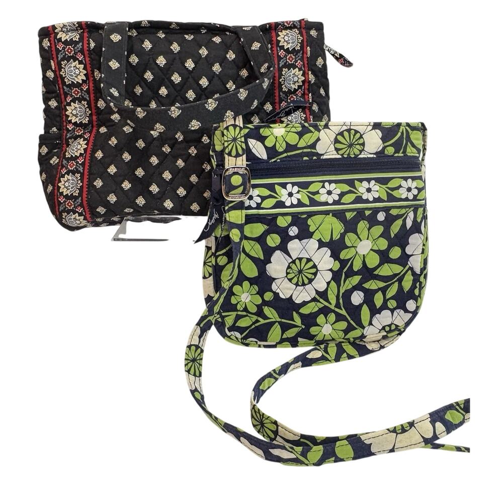 Lot of 2 Vera Bradley Floral Quilted Black Handbag & Green Shoulder Bag Pockets